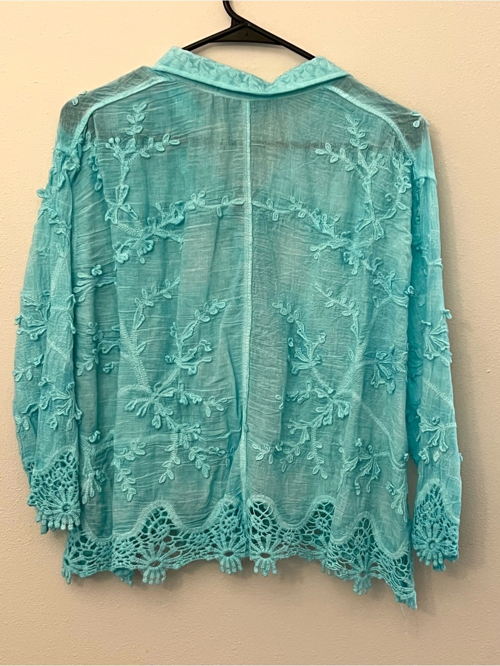 NWT Original brand aqua cropped sheer button down blouse with embroidery detail - Picture 2 of 3